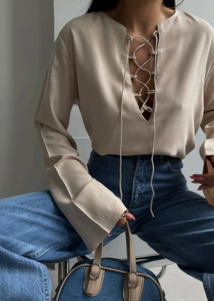 Blouse en lin à lacets - Beige