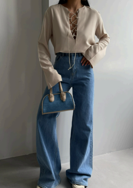 Blouse en lin à lacets - Beige
